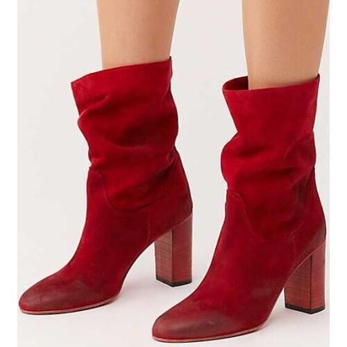 Drop Shipping Spring Autumn Woman Fashion Solid Red Brown Slim Slip On Round Toe Rough Heels Mid-calf Short Boots Lady Size 42