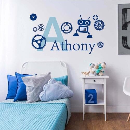 Robot and Gears With Personalized Name Wall Sticker Customized Name Monogram Vinyl Decal Kids Boys Nursery Decoration AY083