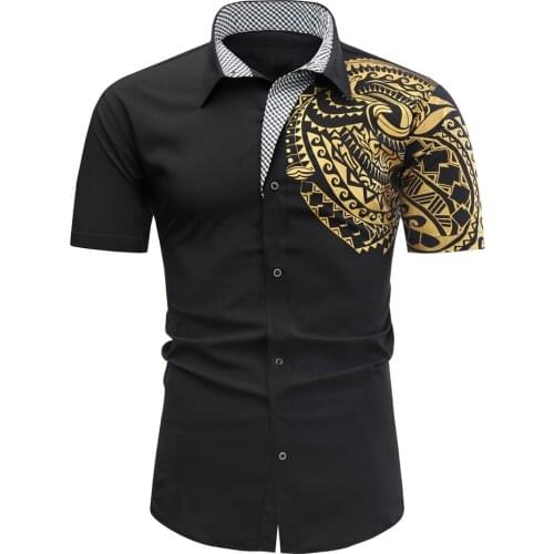 New Large Size Mens Casual Blouse Slim Fit Short Sleeve Shirts 2021 Summer Men Gold Black Chemise