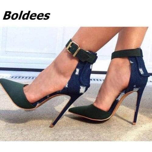 Stylish New Style Suede Denim Color Matched Thin High Heels Fashion Women Line Buckle Style Pointy Pumps Fancy Jeans Shoes