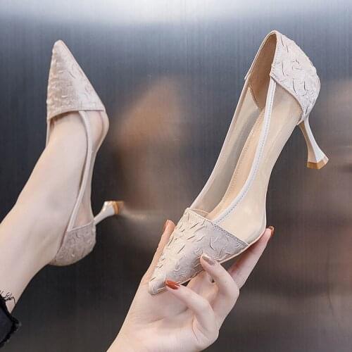 High Heel Shoes Women 2021 New Summer All-match Mesh Mid-heel Stiletto Pointed Toe Shallow Mouth Single Shoes Women Sandals