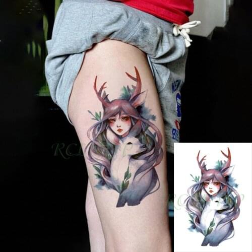 Waterproof Temporary Tattoo Sticker Cartoon Girl Cute Deer Horn Plant Fake Tatto Flash Tatoo Back Leg Art for Women Men