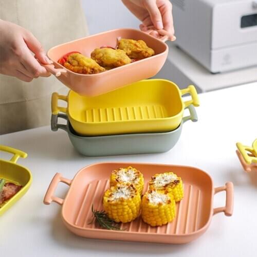 Japanese Art Ceramic Binaural Baking Bowl Household Baking Plate Rectangular Western Steak Dessert Fruit Plate Kitchen Tableware