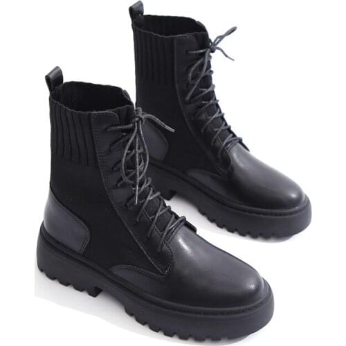 Woman Real Leather Ankle Boots Lace Up Shoes Woman Short Winter Warm Boots Platform