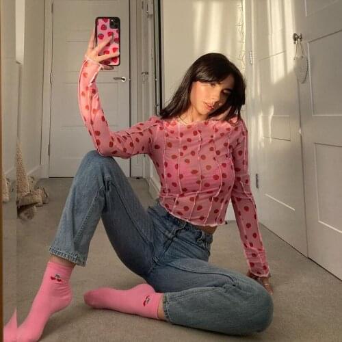 Women mesh strawberry t shirts cropped pink tops autumn long sleeve clothing women perspective y2k tops kawaii patchwork tops