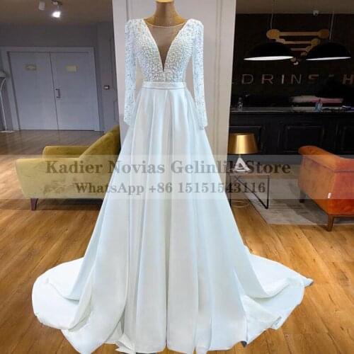 Long Sleeves White Satin A Line Wedding Dress 2021 with Pearls Bridal Gown Vestidos De Novia