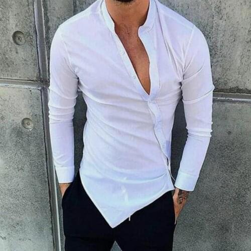 2021 Summer Men Shirt Long Sleeve Solid Color Button Casual Irregular Tops Stand Collar New Fashion Streetwear Male Clothing