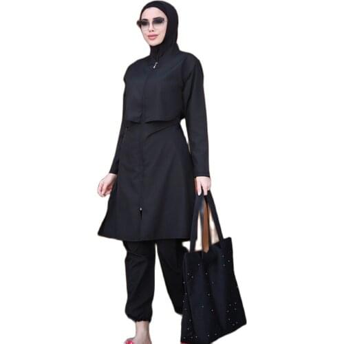 2021 Muslim Swimwear IslamicCovered Parachute Fully Covered Hijab Swimsuit Black Long Sleeve Solid Plain Full Burkini Muslim