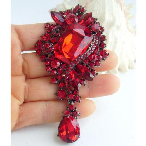3.74" Pretty Teardrop Flower Brooch Pin Red Rhinestone Crystals EE04823C2a