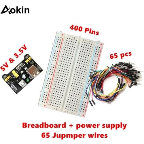 Aokin 400 Tie Point Prototype PCB Breadboard with 65pcs Jump Cable Wires breadboard 5v 3.5v Power Supply for Arduino