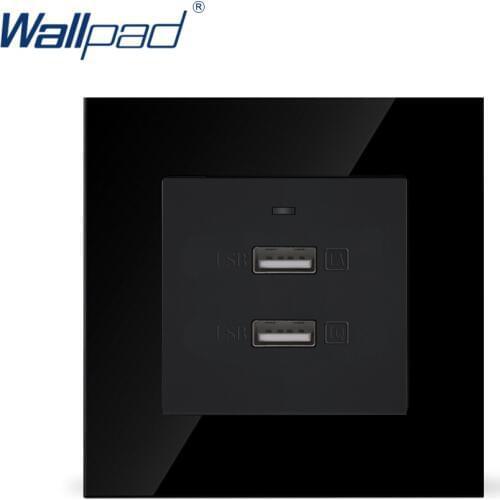 Double 2100mA USB Socket Wallpad Luxury Black Crystal Glass 86*86mm UK EU Quick Charge 2 USB Socket(5V Output)