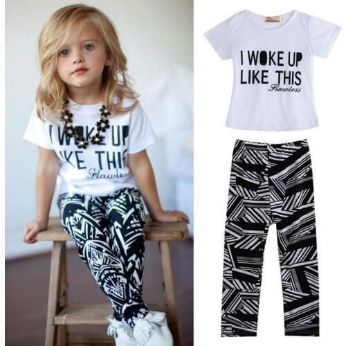 Cute Kid Girls T-shirt Tops Zebra Legging Sets Clothes Short Sleeve Letters Print Tees Pants Outfits Set Summer
