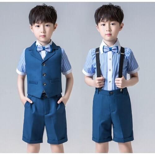 Flower Boys Formal Wedding Tuxedo Dress Kids Vest+Shirt+Shorts+Tie Clothing Set Gentleman Children Graduation Party Costume