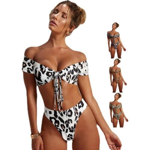 Sleeve Bikinis Hot Sale Style Short Shoulders Brazilian Swimwear Leopard Printed Model Bikini Tipis