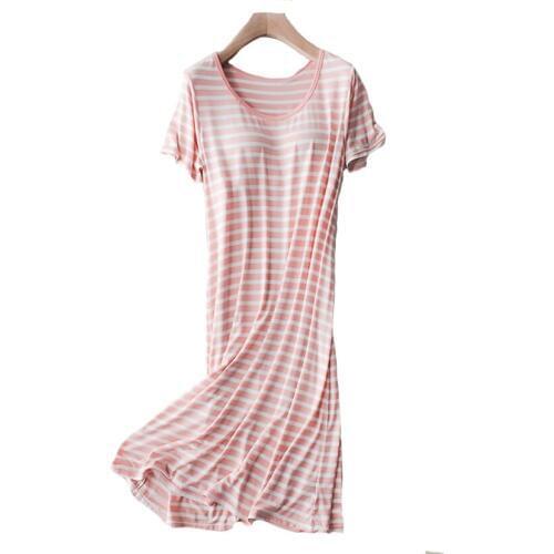 Summer Bra Padded Nightgowns Women Modal Short Sleeve Striped Lingerie Nightgown Loose Comfortable Knee-Length Night Dress