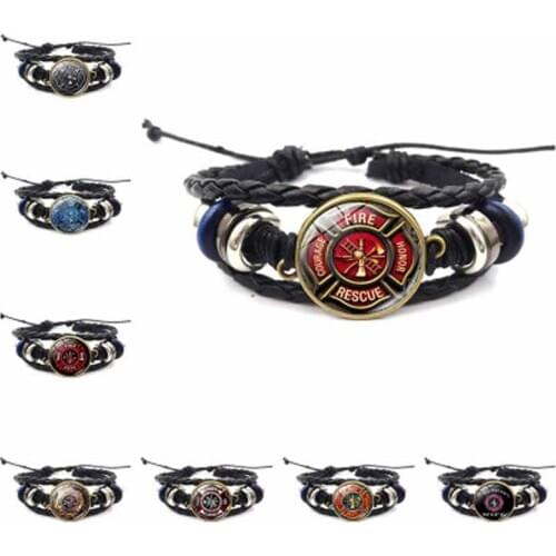 Men and Women Black High-quality Leather Buckle Round Glass Piece Jewelry Vintage Braided Bracelet Individually Wrapped