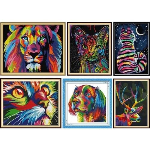 Joy Sunday Rainbow Animal Cross Stitch Kits Stamped Patterns 11CT 14CT Counted Printed Crafts Embroidery Art Decoration Gift Set
