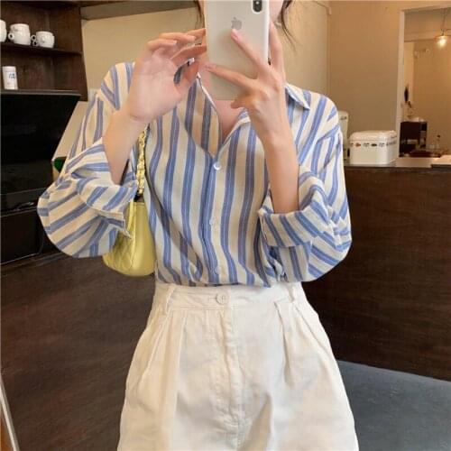 Autumn Korean Contrast Striped Shirts Women Preppy Style Long Sleeve Turn-Down Collar Loose Office Lady Elegant Fashiontop2021