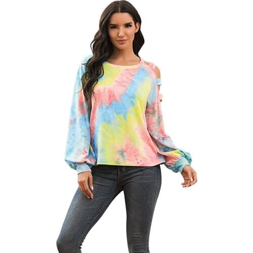 Autumn and winter off-shoulder hoodie ladies tie-dye printed sweatshirt casual O-neck loose pullover blouse street fashion style