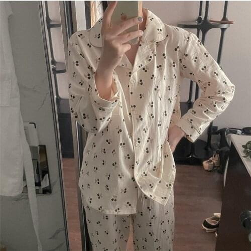 Cotton linen pajama set women spring autumn sleepwear shirts pants 2 piece set hom clothes long sleeve chery home suit Y445