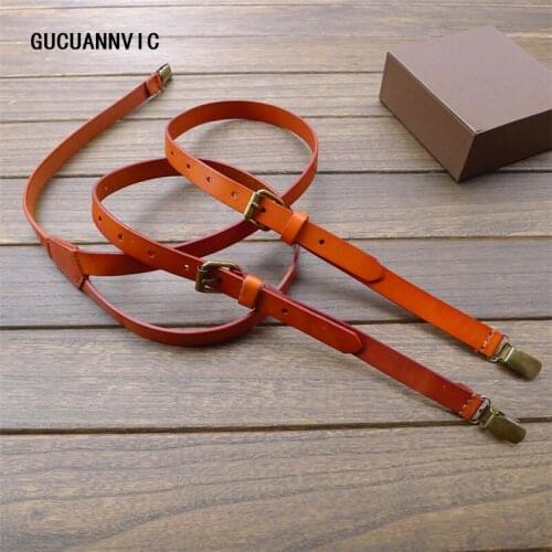 Men and Women Retro Leather Suspenders Bronze Triple Clip Adjustable Shoulder Strap Light Brown Suspended Leather Strap