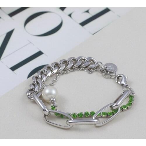 Simple personality cold windmill stitching thick chain inlaid green pearl double-decker bracelet gift couple
