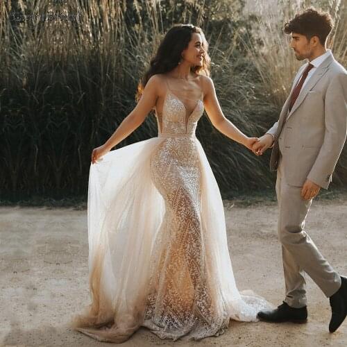 Luxury Unique Lace Wedding Dresses Champagne lining V-Neck Mermaid Bridal Gowns With Detachable Skirts Boho Noivas Chic DW558