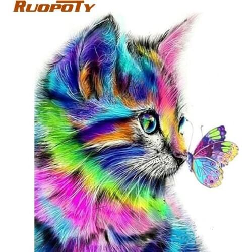 RUOPOTY Pictures By Numbers Kits For Adults Handmade Color Cat With Butterfly Oil Painting By Number Diy Framed On Canvas Craft