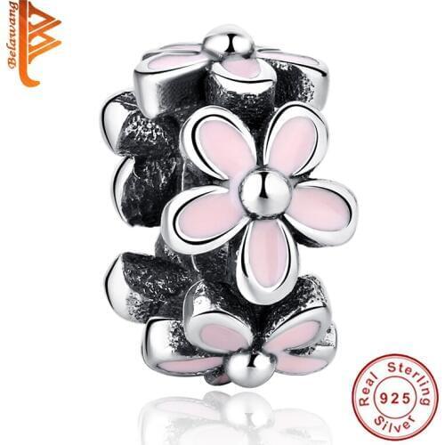 BELAWANG Wholesale 925 Sterling Silver,Pink Enamel Daisies Spacer Charm Fit Original BW Bracelet Necklace Authentic Jewelry