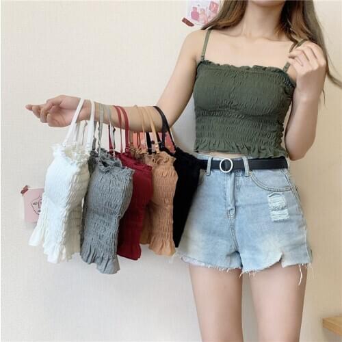 OUMEA Women Smocked Cami Top Spaghetti Strap Shirred Cami Top Smocking Crop Top Square Neck Adjustable Strap Detachable Bra Pad