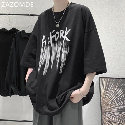 ZAZOMDE 2021 Black Harajuku Loose Boy Tshirt White Men Summer Letter Print T-shirt Casual Funny Japan Gothic Tshirt Streetwear