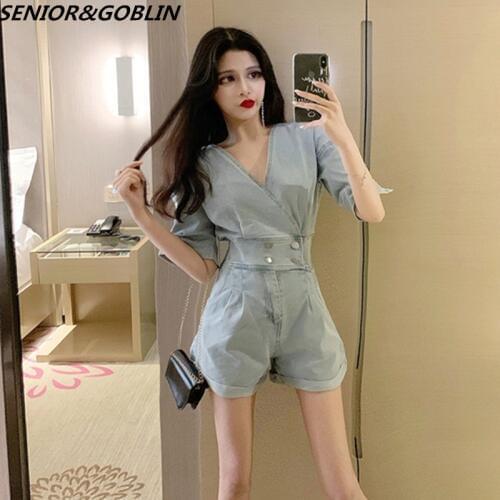 Summer Backless Casual Short Rompers For Women Denim Jumpsuit Jeans Women Denim Rompers V-Neck Sexy Denim Shorts Jumpsuits