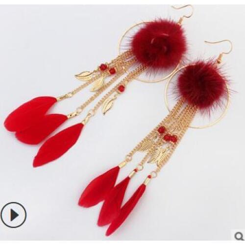 Lips Bohemian hyperbole circle hair ball feather tassel earring Rose jewelry earrings FlowerWomen Party