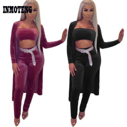 Purple/Black 3 Piece Set Velvet Strapless Crop Top Long Cardigan Coat Skinny Pants Rompers Autumn Witer Casual Outfits No Belt
