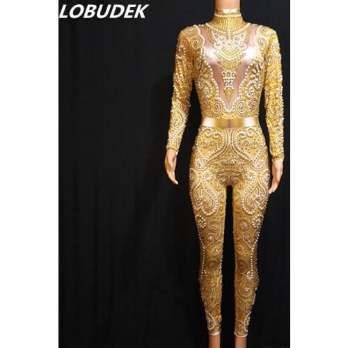 Gold Yellow Crystals Pearl Jumpsuit Sexy Skinny Silver Gray Rhinestones Bodysuit Women DJ Bar Singer Catwalk Party Stage Costume