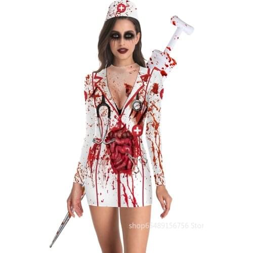 Halloween Party Horror Cosplay Costumes Bloody Nurse Zombie Ladies Sexy Long Sleeve Pack Bloody Nurse Suit Uniforms Gift
