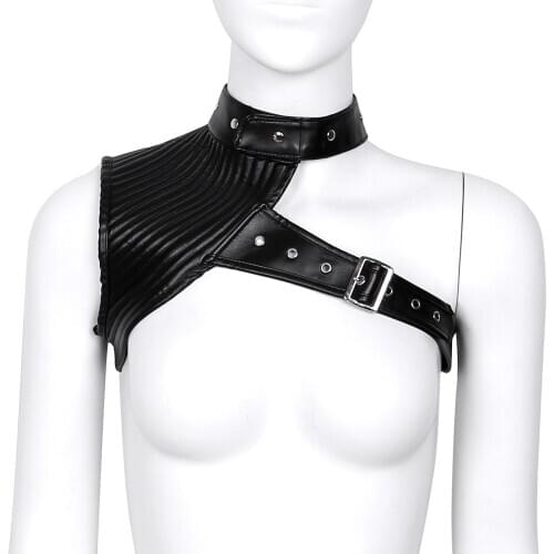 Womens Wet Look Leather Halter Neck Crop Tops One Shoulder Adjustable Steampunk Gothic Chest Harness Corset Bustier Sexy Bustier