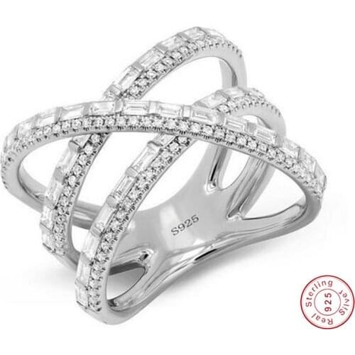 Original 925 Sterling Silver Cross Line Ring T shape Diamond Engagement Wedding Band Rings for women Bridal Fine Party Jewelry