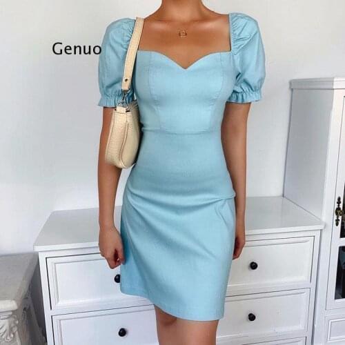 Puff Sleeve Mini Dress Summer 2021 Women Elegant Bodycon Slim Office Lady Business Work Dresses Solid Color Black/Blue Fashion