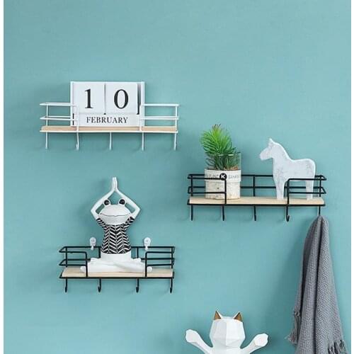 3/4/5 Hook Punch-free Wall Hook Living Room Wall Storage Organzier Shelves with Wood Board Home Plant Book Display Stroage Rack