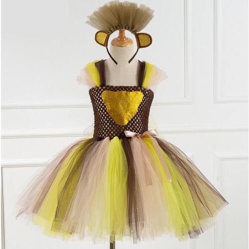 Brown Flower Girls Tutu Dress Children Cosplay Animal Lion Costume Dress Up Fancy Girl Kids Halloween Birthday Party Dress 2-12y