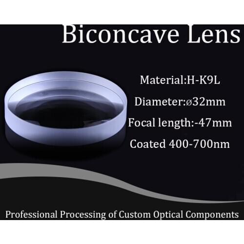 Double Concave Lens H-K9L Biconcave Lenses 32mm Diameter , -47mm Focal Length Optical Glass BK7 Lenses Coated 400-700nm