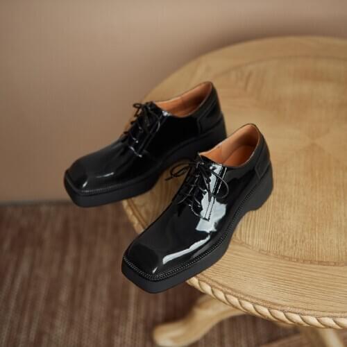 GUIDIBASIC2021 Fashion Wome Genuine Leather Brogue Shoe Deep Mouth Shoes Square Head Thick Bottom D21-Dawang1323-A562-1