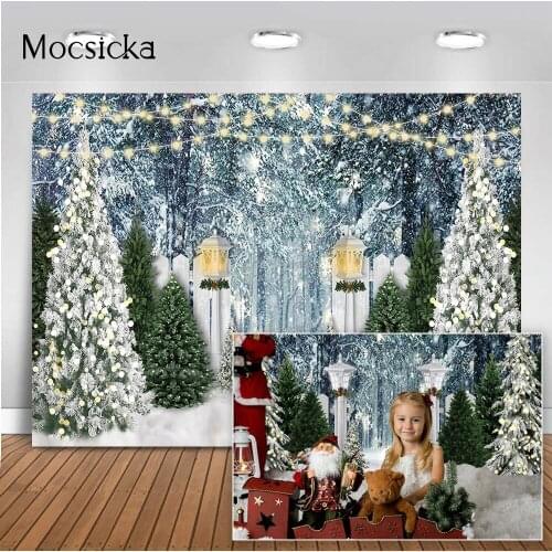 Winter Snow Scene Backdrop for Photography Pine Tree Forest Glitter Light Photo Background Children Kids Birthday Portrait Photo