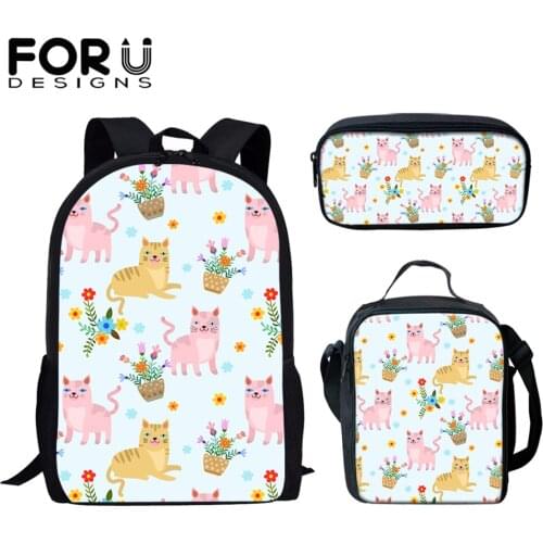 FORUDESIGNS Cartoon Kawaii Cat Pattern Design Primary School Students 3pcs Set Backpack Mutipurpose School Bags Child Gifts