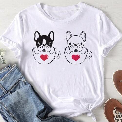 Teacup Dog Cute Cartoon Pattern T-shirt Funny Printing Harajuku Womens Summer Round Neck Short Sleeve High Quality Tee Shirt Top