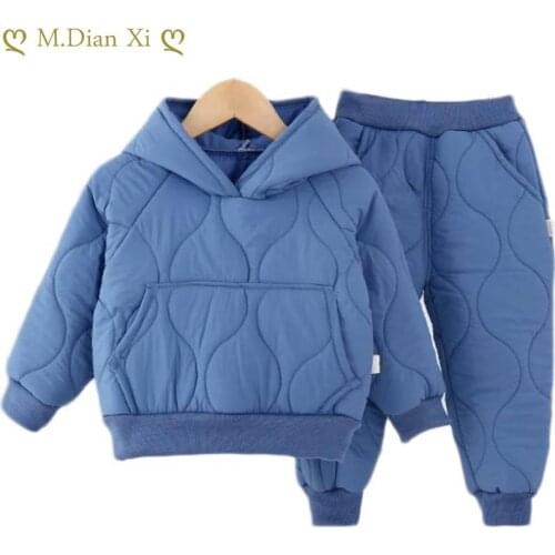 Autumn and Winter Girls Two-piece Suit Plus Velvet Boys Trendy Childrens Cotton Hooded Jacket + Pants Childrens Clothing 1-6Y