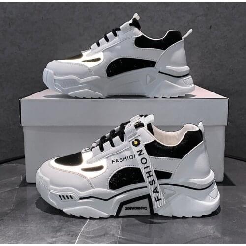 Fashion Spring Reflective Platform Sneakers Women Shoes Korean Lace Up Chunky Sneakers Mixed Color Womens Vulcanize Shoes