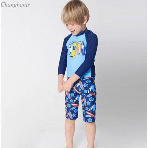 2-10Y Boys Two Pieces Swimwear Blue Patchwork Surfboard Print Children Long Sleeve Swimsuit Rash Guard Schoolboy Surf Suit