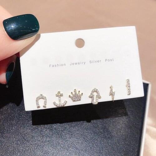 Fashion Lovely Crown Geometric 6-piece Stud Earrings Set for Women Girls Christams Gifts Jewelry Zircon Earrings Set S-E1274